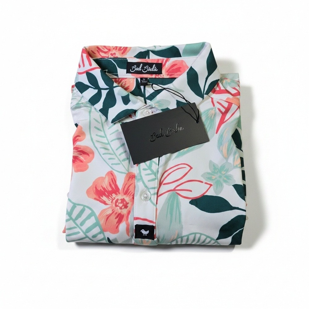 NWT Bad Birdie M Floral Polo Shirt 4-Way Stretch UPF 50+